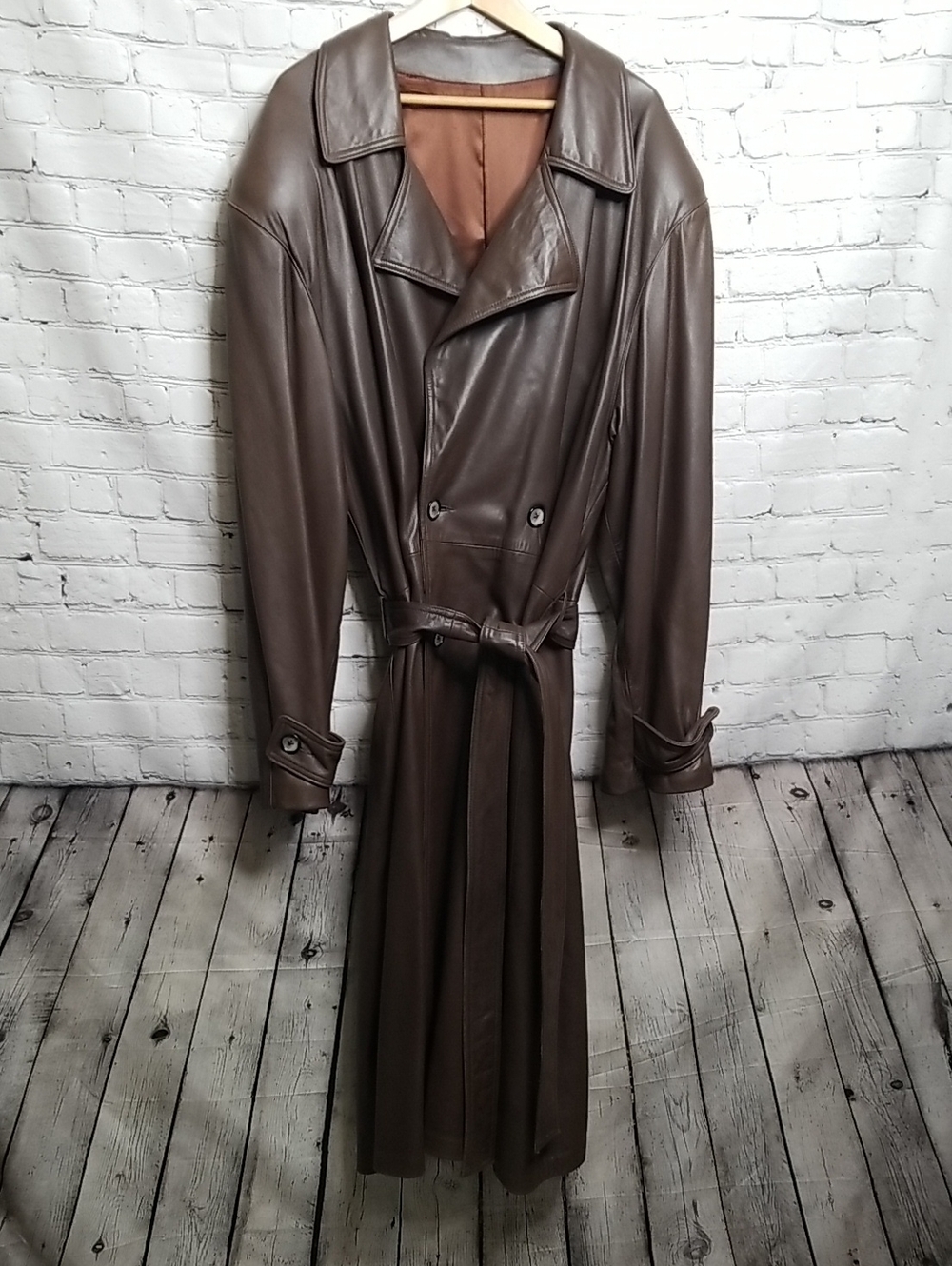 Source Unknown mens double breasted brown leather long trench coat Fair